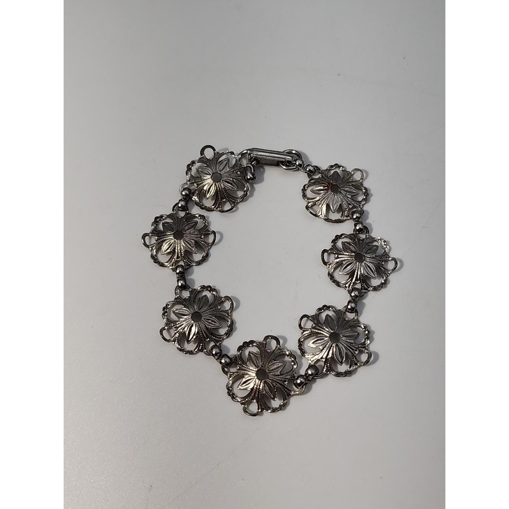 Vintage‎ Silver Tone Round Flowers Link 7" Bracelet - Picture 5 of 7